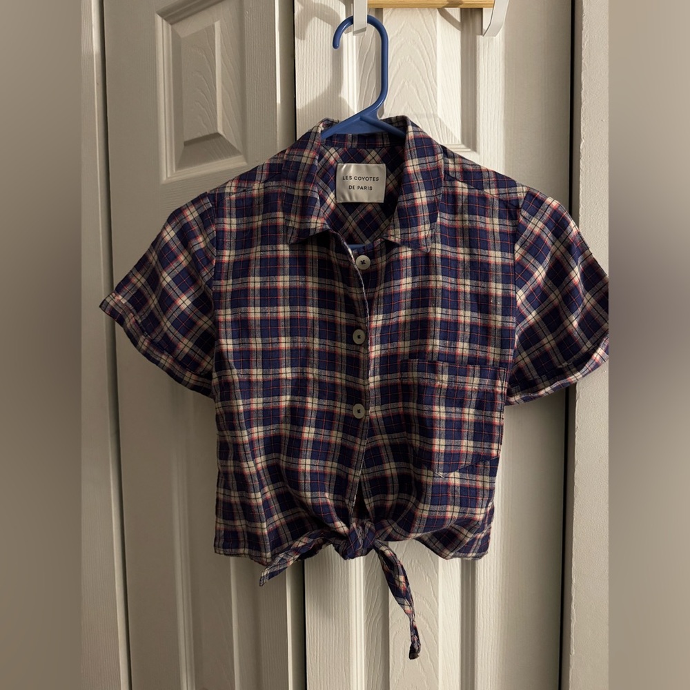 Les Coyotes Des Paris Plaid Linen Cropped Tie Front Shirt - Blue and Red, Small - Picture 2 of 7